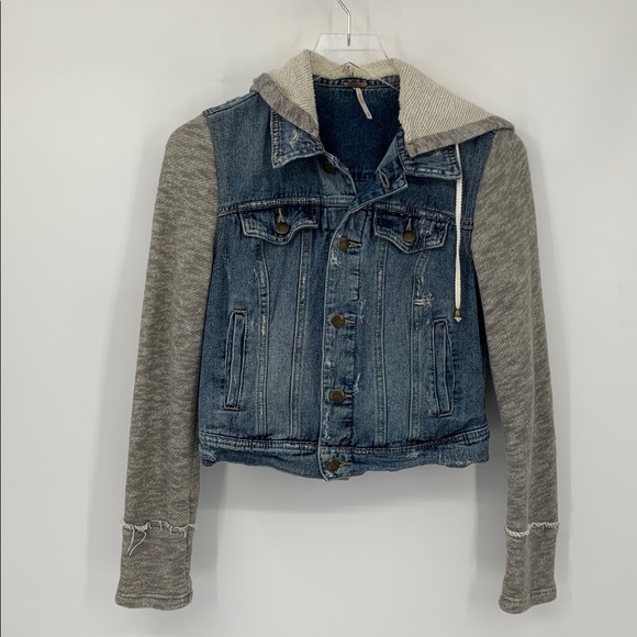 Free People Jean denim jacket hoodie gray blue distressed trucker combo coat XS - Picture 2 of 5